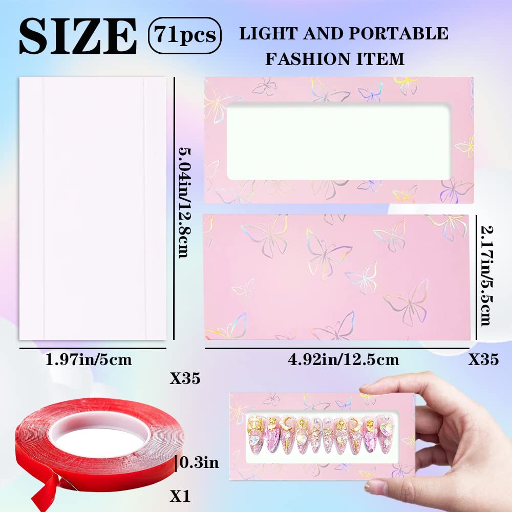 HLQHXWHZT 71 Pcs Include 35Pcs Empty Press on Nails Packaging Box 35 Pcs White Background Papers and 1 Double Sided Tape, Empty Nail Package Box Set for Press on Nail Business(Pink)…