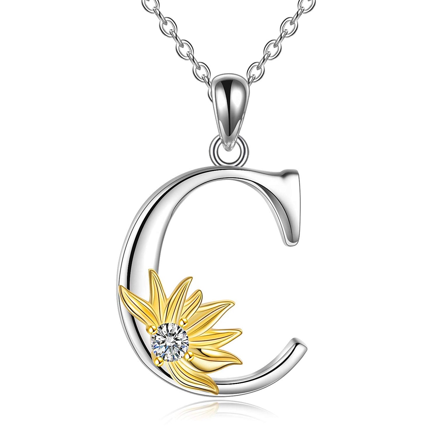 POPLYKE Sterling Silver Initial Alphabet Letter C Name Pendant Necklace for Women for (Sunflower C)