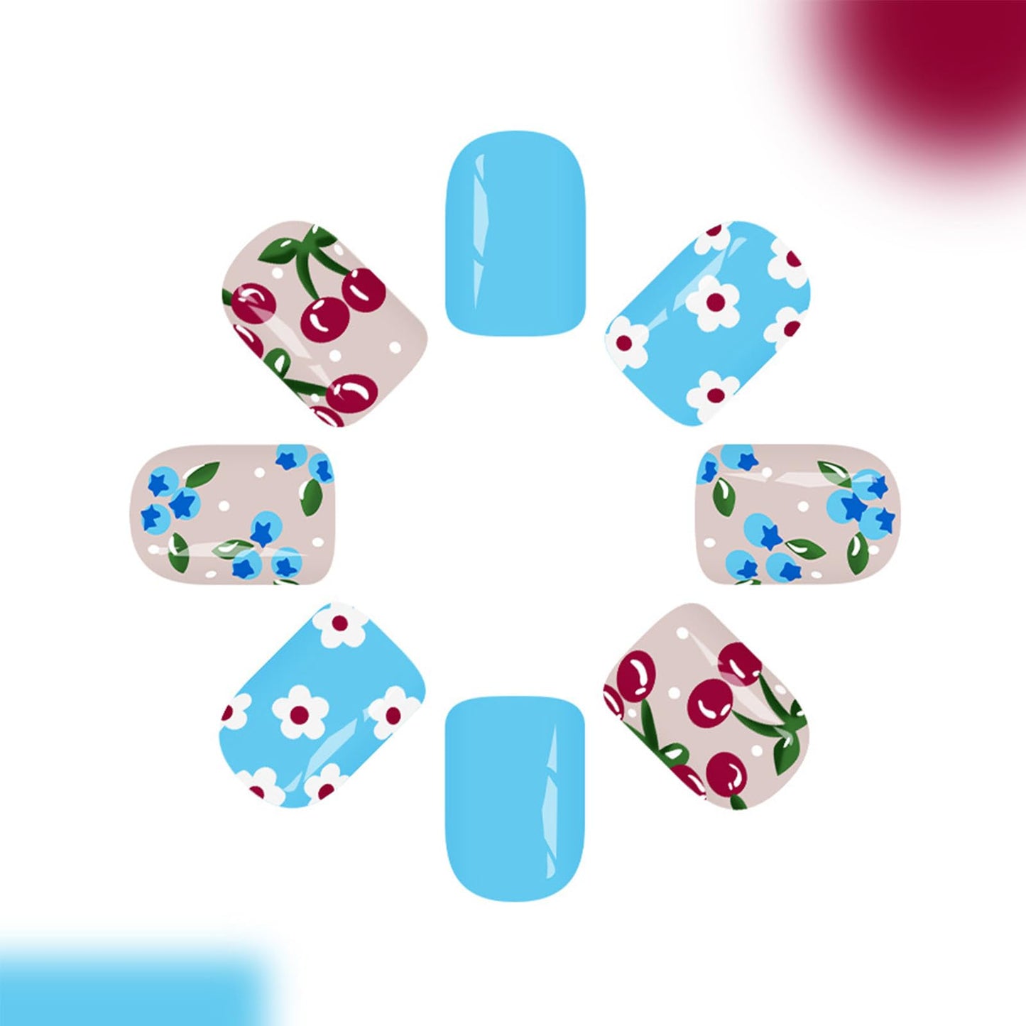 Spring Summer Press on Nails Short Square Fake Nails with Cherry Blueberry Designs Glossy Blue Press on False Nails Cute Flower Glue on Nail Fruit Floral Stick on Nail for Women 24Pcs