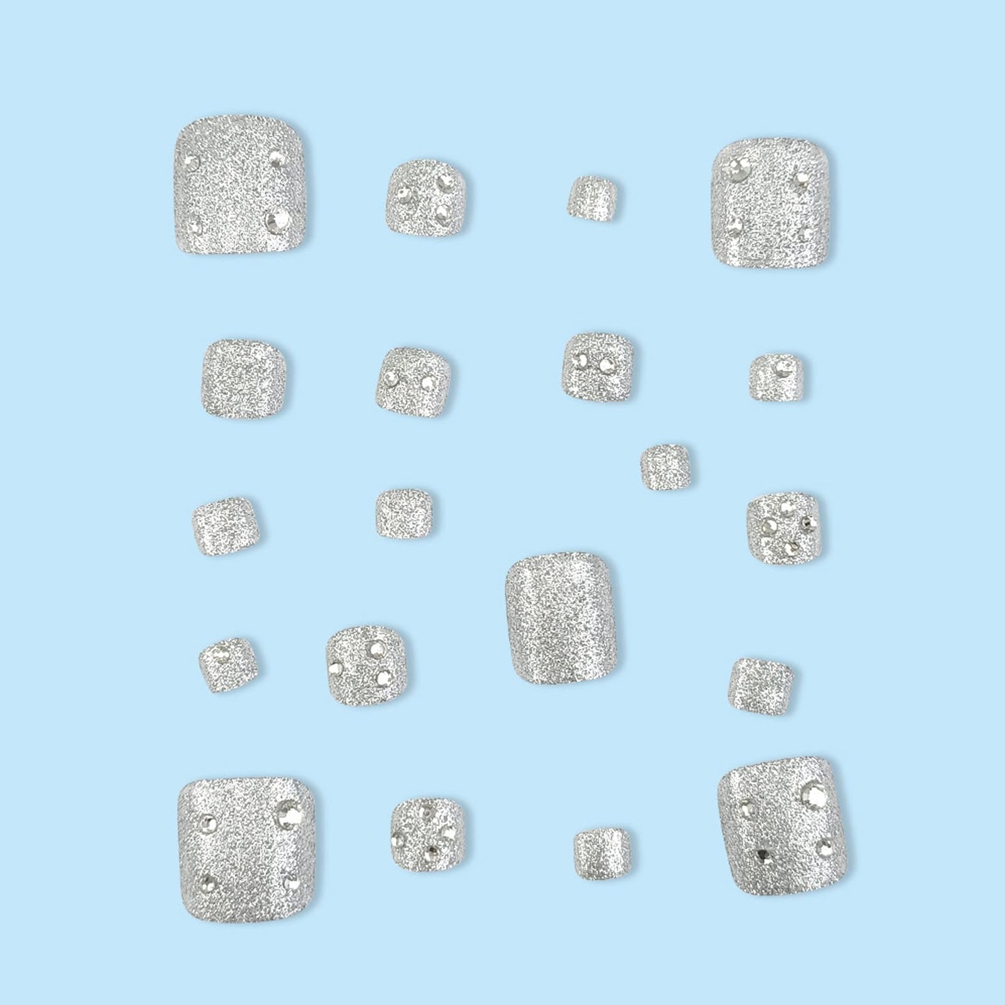 IMRAIN Glitter Press on Toenails Short Silver Fake Toe Nails with Rhinestone Designs Full Cover Glossy Glue on Toenails Summer Acrylic False Toe Nails