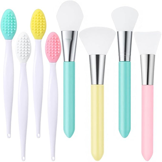 4pcs Lip Scrub Brush & 4pcs Face Mask Applicator, Silicone Double-Sided Heart Lip Exfoliator Brushes Scrubber Tool, Face Cleaning Exfoliating Remove Dead Skin Tool for Men Women- 4 Colors