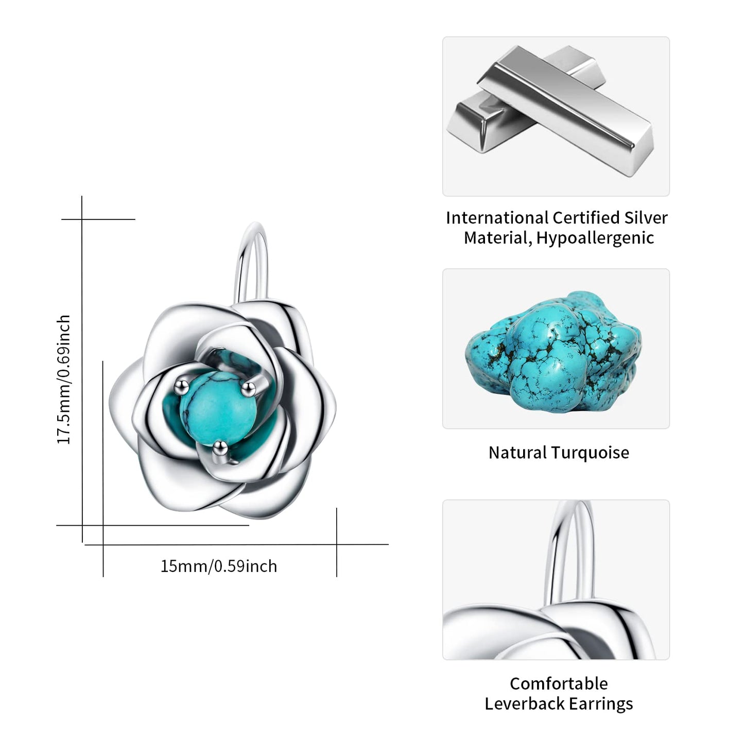 BDL Rose Genuine Turquoise Leverback Earrings Sterling Silver Dangle Drop Jewelry for Women