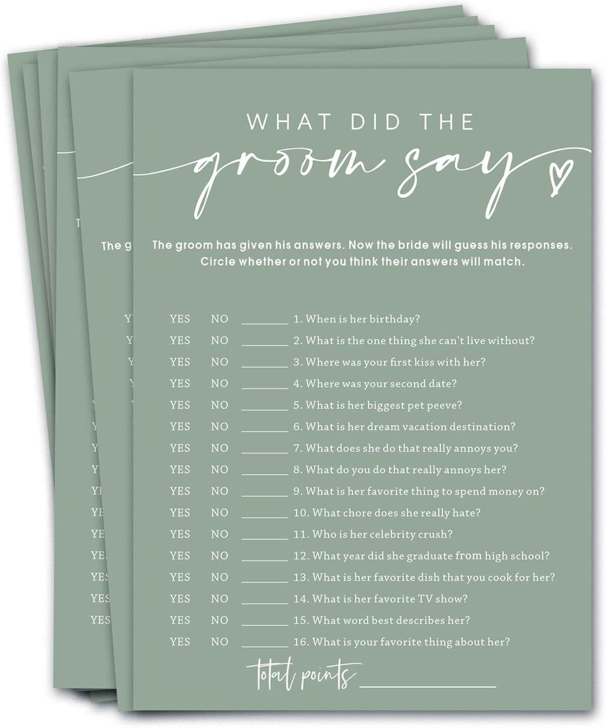 Bridal Shower Games Cards & What Did the Groom Say - 25 Guest Engagement Party Wedding Games - Minimalist Green Wedding Party Supplies - C12