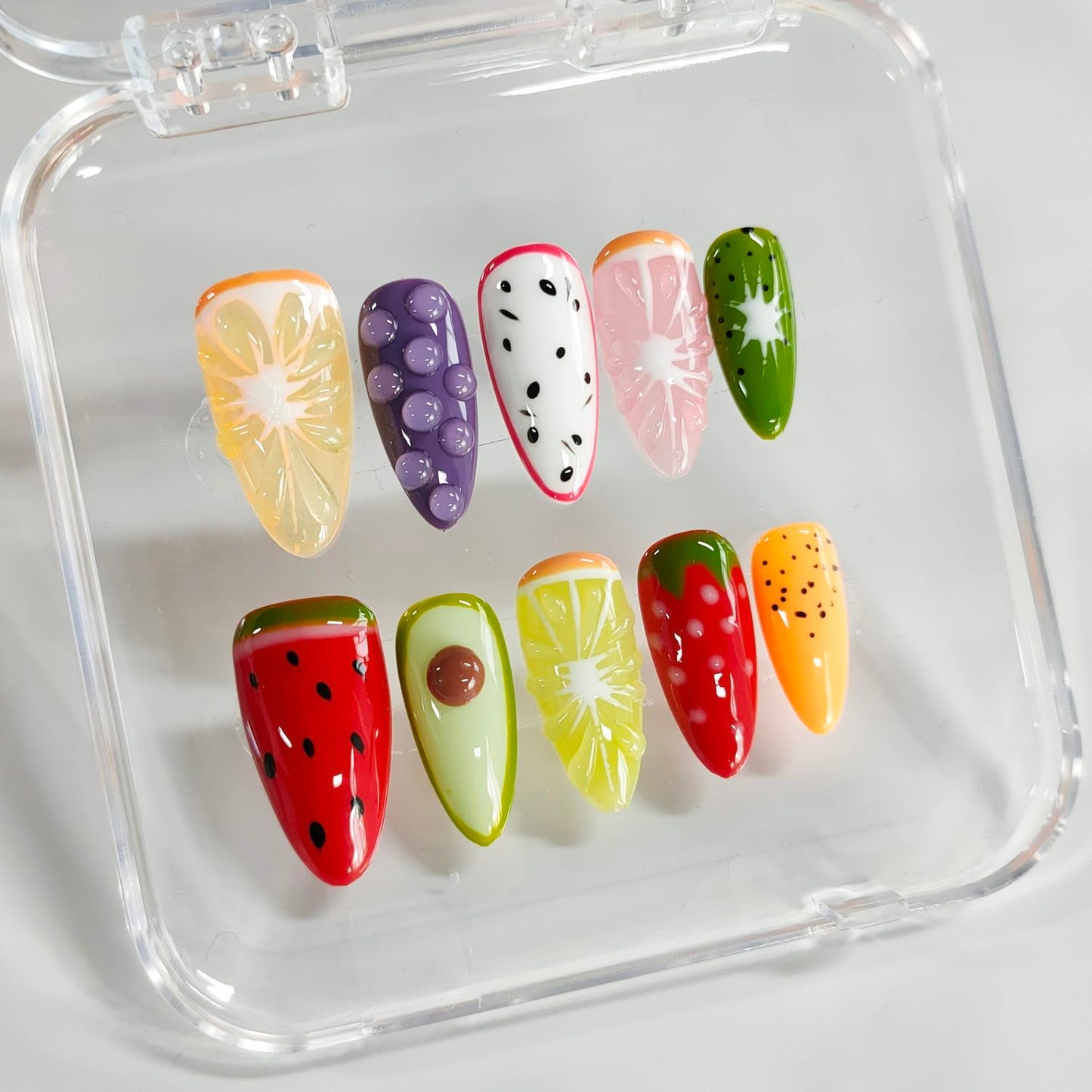Handmade Nails 3D Fruit Almond Press on Nails Medium Length Cute Thick Acrylic Fake Nails Summer False Nails with Strawberry Kiwi Designs Colorful Nail Art Press on Nails 10Pcs(M)