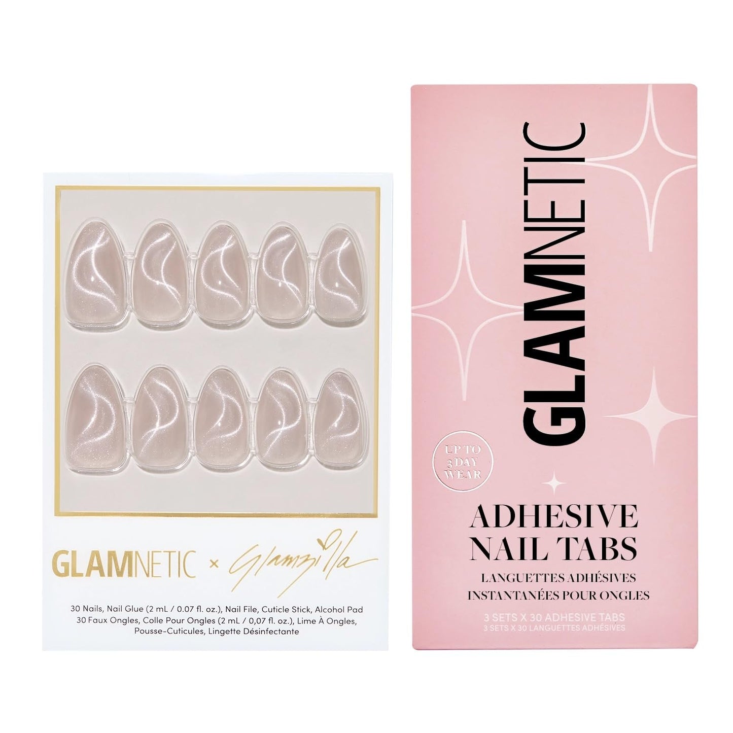 Glamnetic x GLAMZILLA Press-On Nails & Adhesive Nail Tabs - WOO-MAN! | Gray Short Almond Fake Nails with Velvet Cat Eye | 15 Sizes - 30 Nail Kit with Adhesive Tabs