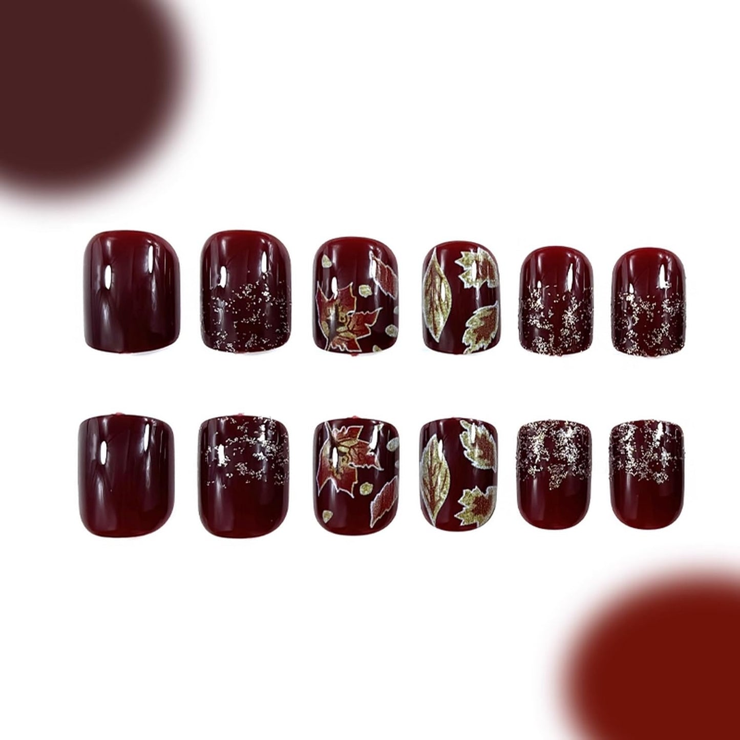 Fall Press on Nails Short Square Fake Nails Maple Leaves design Stick on Full Cover Red Brown Thanksgiving False Nails Gold Glitter Acrylic Artificial Nail for Women Girls Autumn Nail Accessories24pcs