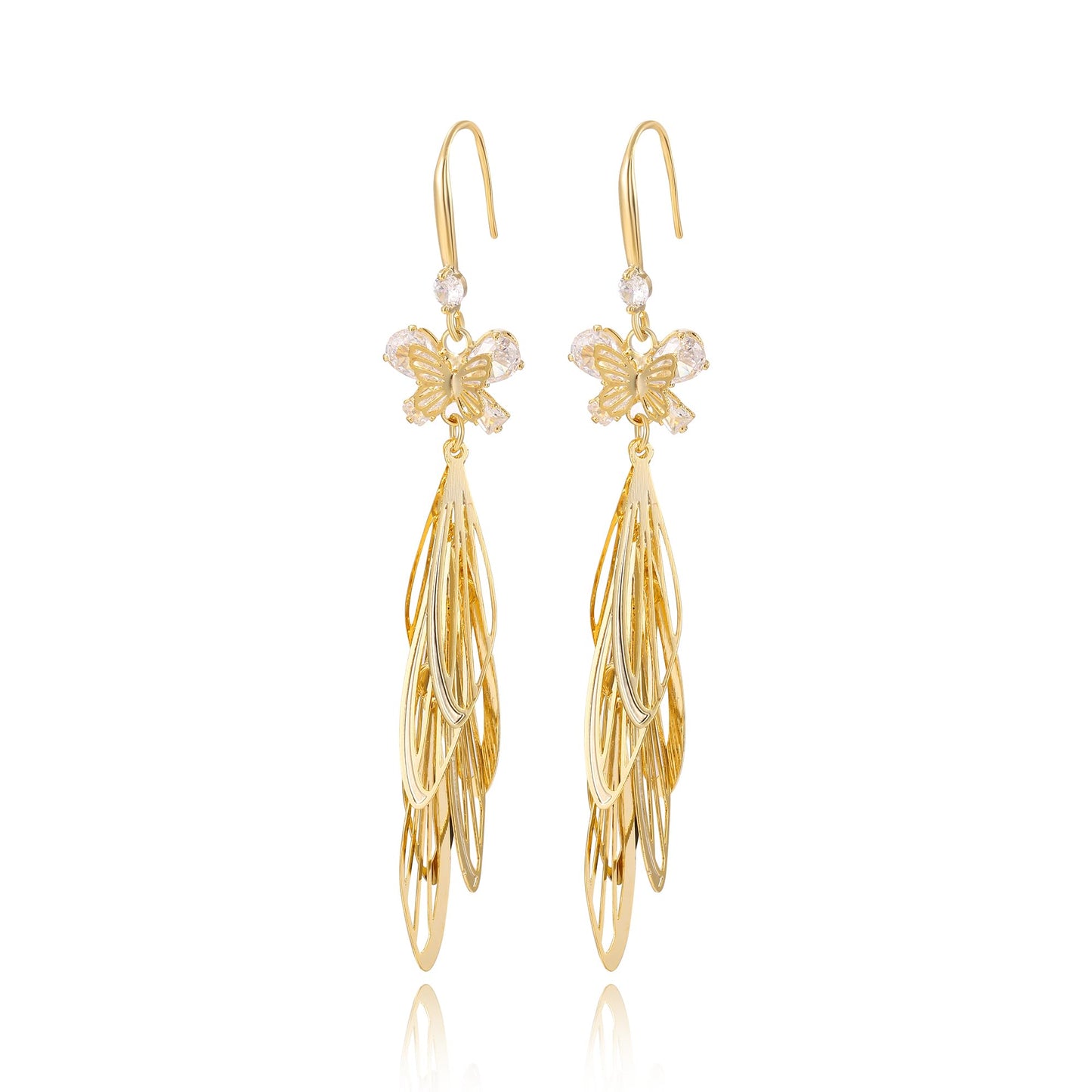 WASAIE Long Butterfly Dragonfly wings Layered Dangle Earrings, Elegant 14K Gold Plated Brass Rhinestone Cubic Zirconia Dangling Hook Earrings for Prom Party