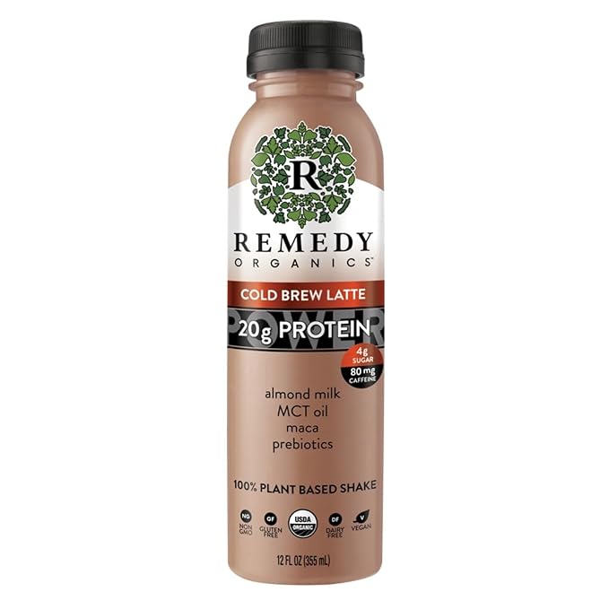 Remedy Organics Cold Brew Latte Power 12-Pack | Plant Based MCT Oil Protein Shakes, Ready to Drink | USDA Organic, Vegan, Gluten Free, Dairy Free, Soy Free | 12 Cold Brew Latte Bottles