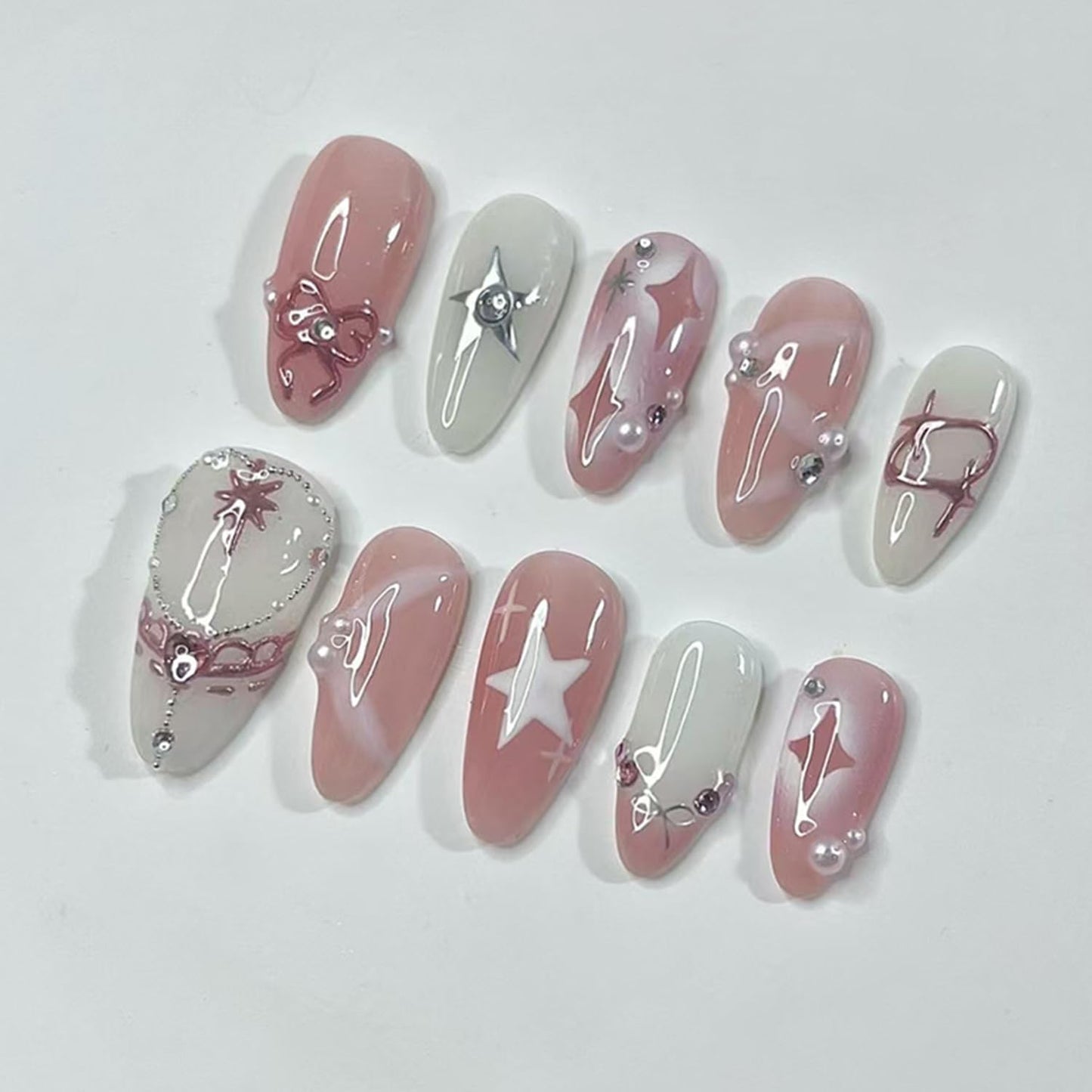 TBRZTR 24Pcs Press on Nails Medium Almond Artificial Acrylic False Nails French 3D Star Bow with Rhinestones Pearl Stick on Nail Full Cover Reusable Coffin Artificial Fingernails for Women Manicure