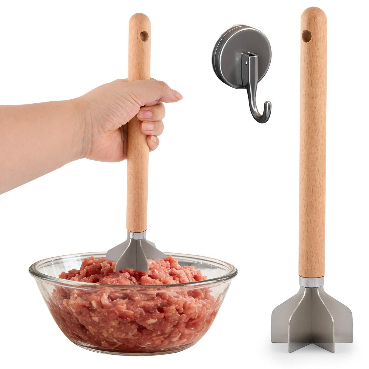 Zorivane Stainless Steel Meat Chopper with Hook, 6 Blades Meat Masher Ground Beef Chopper Tool, 11 inch Hamburger Smasher Potato Masher Meats Pounder Multi-Purpose Kitchen Tool