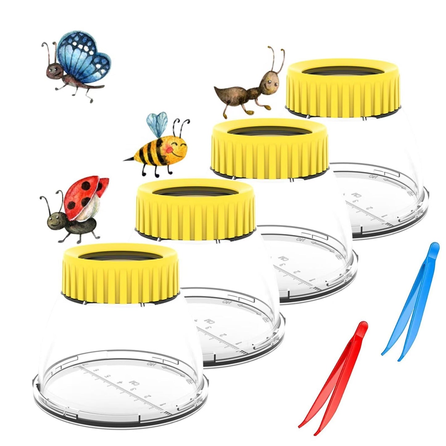 Bug Cather 5X Magnifyer Insect Jar Observation Kit Bug Viewer Built-in 7cm Ruler with 2 Plastic Tweezers Bug Catcher Kit for Kids Science Nature Exploration (4Pack, Yellow)