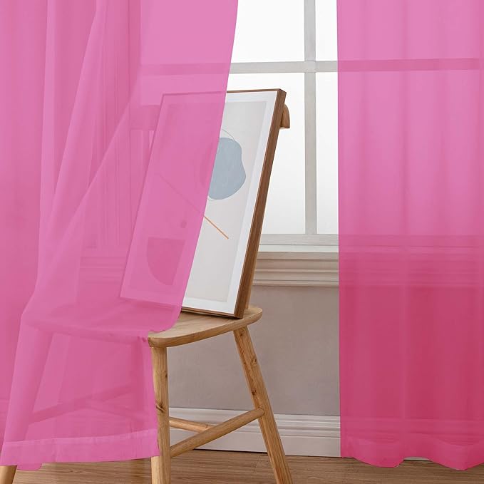 Simplebrand Rod Pocket Top Solid Voile Sheer Curtains for Bedroom, 54 Inch Length Drapes Set of 2, Lightweight and Light Filtering Elegant Hot Pink Curtains Panels Window Treatment, 42W×54L, Hot Pink