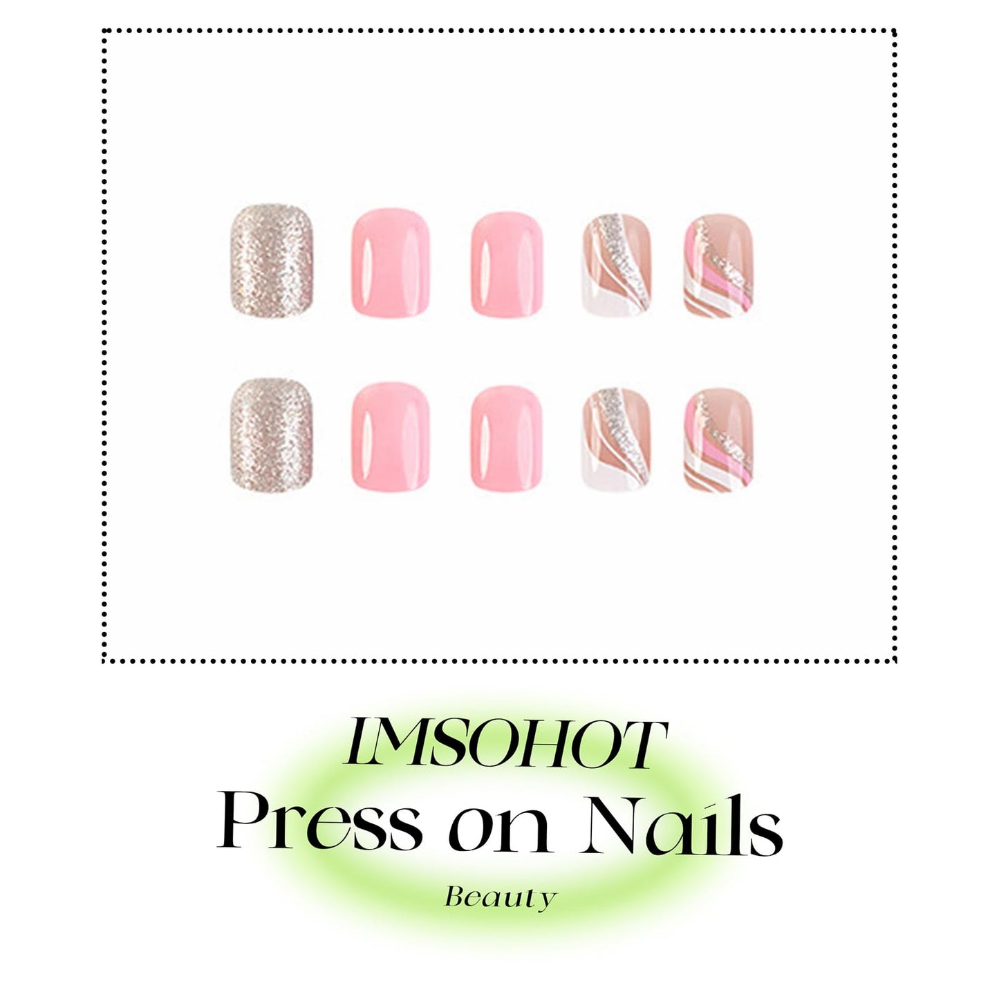 IMSOHOT Short Press on Nails Square French Tips Fake Nails Pink Silver Glitter Designs Full Cover Cute Acrylic Glossy Squoval Glue on False Nails for Women Girls 24Pcs