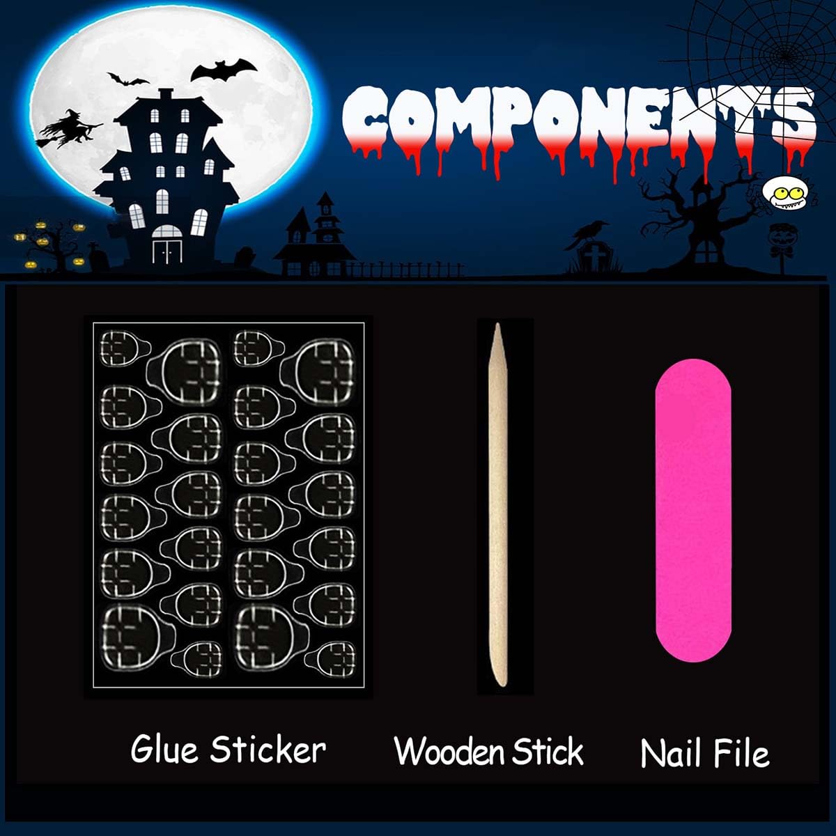 Fall Halloween Press on Nails Short Almond Fake Nails Black Matte Nails Press ons with Ghost & Flower Design-Reusable Artificial Nails Full Cover Glue on Nails Stick on Nails for Women Manicure 24 Pcs