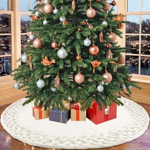TOCHGREEN White Knitted Christmas Tree Skirt 36 inches Chunky Cable Knit Thick Rustic Christmas Tree Mat Farmhouse Decor Xmas Tree Base Cover for Home Holiday New Year Party Decor (White, 36inch)