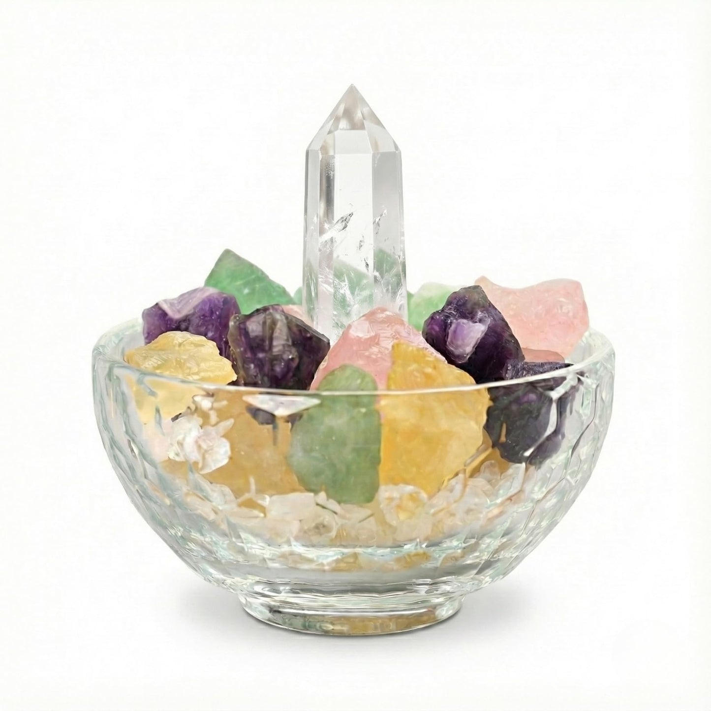 VELNORIX Crystal Decor Bowl Set – 4" Glass Cleansing Bowl with Real Healing Crystals: Clear Quartz Tower, Amethyst, Rose Quartz, Citrine & Fluorite – Meditation Decor & Spiritual Gift Box
