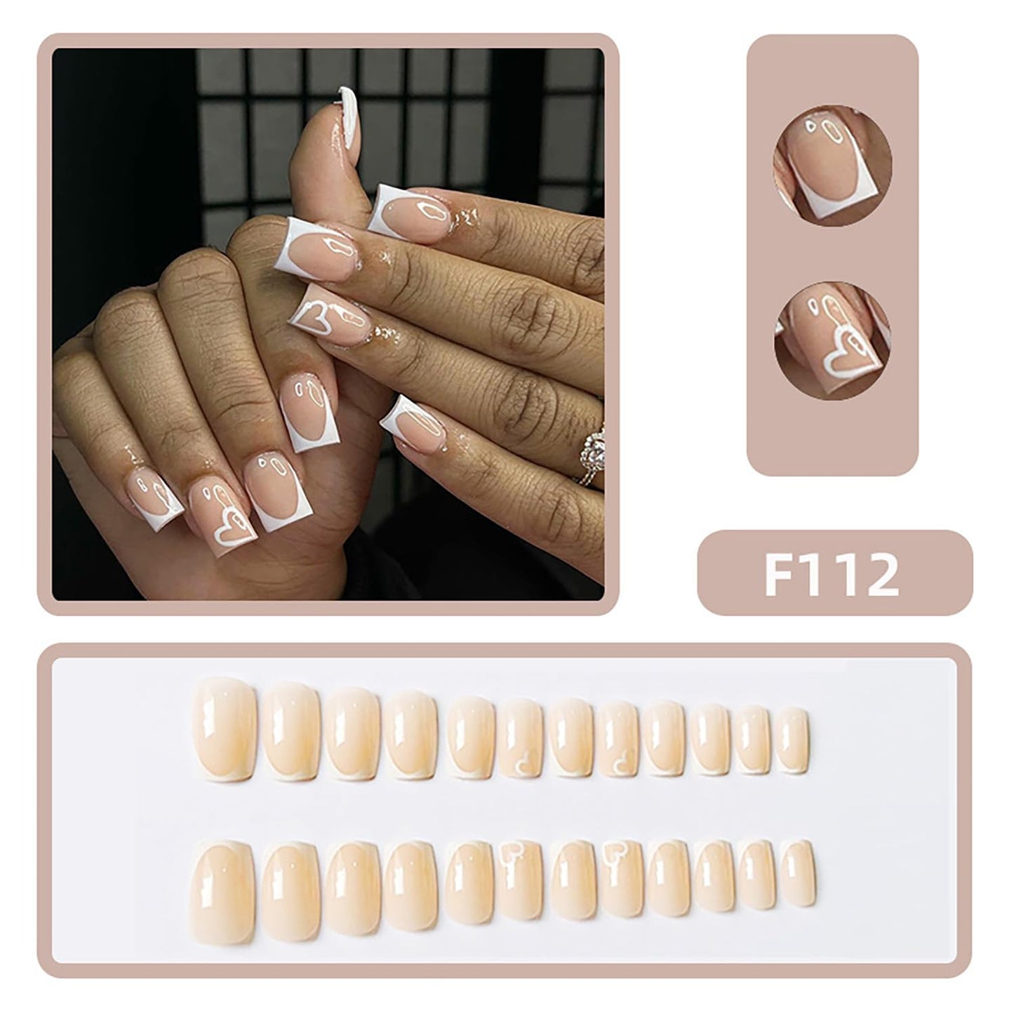 Press On Glossy Full Cover Acrylic Short Square French False Nails with White Heart Designs - Artificial Fake Nails Glue Ons for Women Girls