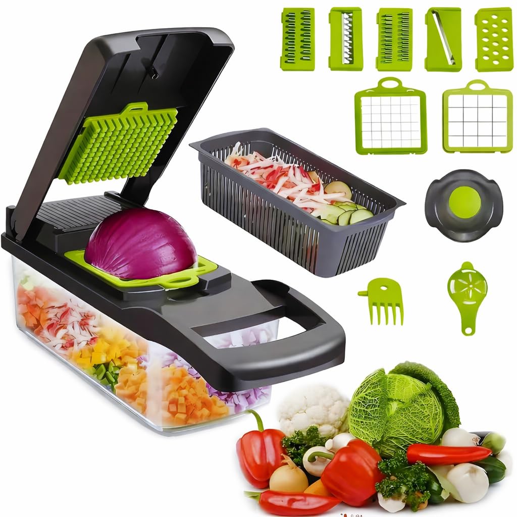 16 in-1 Vegetable Chopper with Container – Mandoline Slicer, Onion Dicer, Food Chopper, Cheese Grater– Multi Blade Kitchen Cutter for Fruits & Vegetables