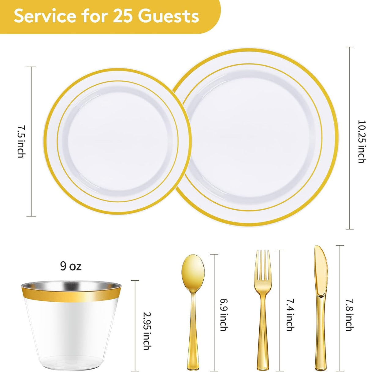 Goodluck 150 Pieces Gold Disposable Plates for 25 Guests, Plastic Party, Wedding, Dinnerware Set of Dinner Plates, Salad Spoons, Forks, Knives, Cups