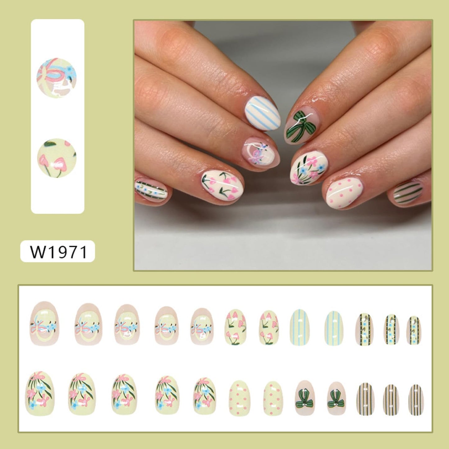 Cute Flower Bow Press on Nails Short Oval Fake Nails Glossy Artificial Glue on Nail Reusable Acrylic Stick on Nail for Women DIY Manicure