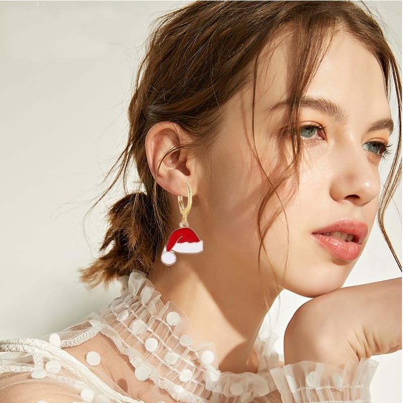 16 Pairs Christmas Reindeer Santa Hoop Earrings for Women Unique Winter Xmas Tree Snowflake Bow Bell Snowman Penguin Earrings Christmas New Year Jewelry Gifts - style: Hat