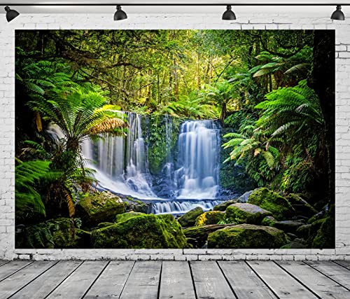 BELECO 5x3ft Fabric Jungel Forest Waterfall Photography Backdrop Tropical Rainforest Cascade Green Trees Landscape Background Walking Travel Outdoor Camping Activity Photo Shoot Studio Props - size: 5x3FT