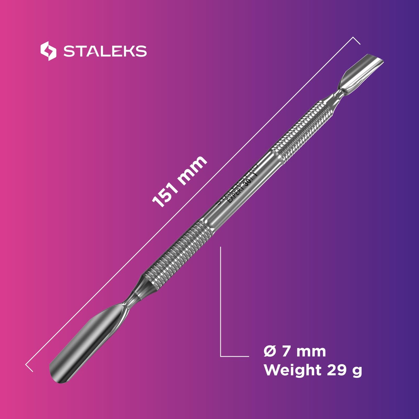 Staleks Pro Manicure Pusher Expert 30 Type 1 – Dual-Ended Rounded Pusher – Stainless Steel – Professional Cuticle Tool
