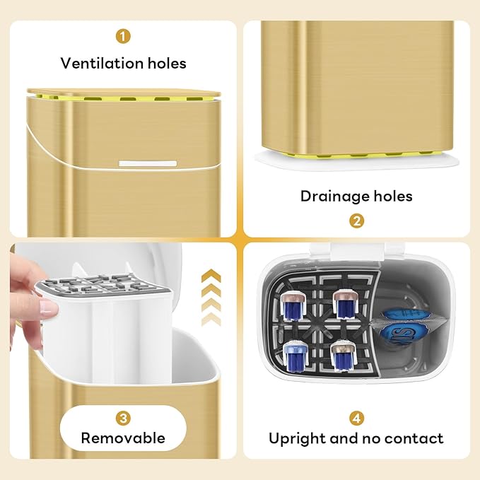 Toothbrush Holder with Cover - 5 Slots Toothbrush Holders for bathrooms, Detachable Bathroom Caddy Organizers and Storage Kids Tooth Brush and Toothpaste Holde, Gold