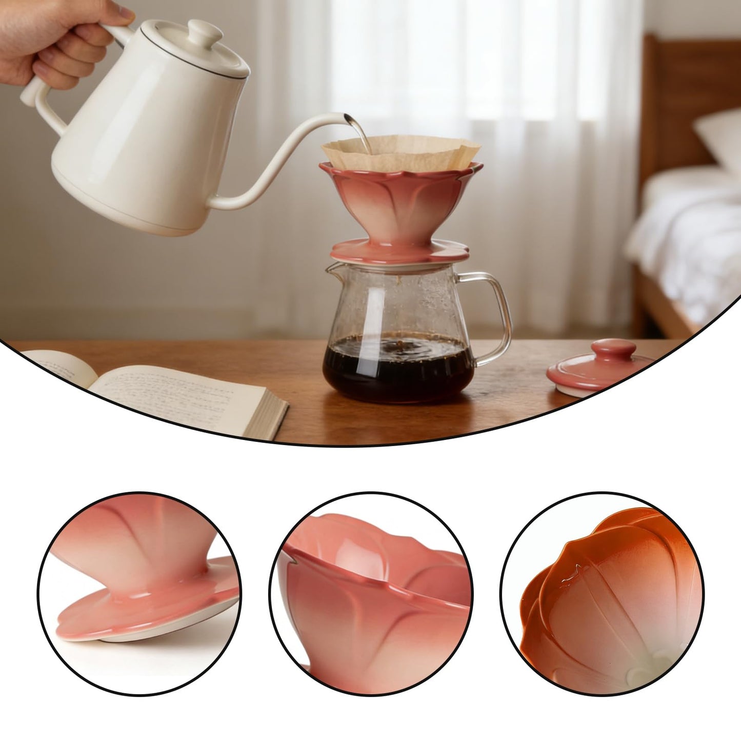DHSUN Premium Ceramic Pour Over Coffee Dripper，Includes 40pcs Coffee Filter Papers, suitable for home and travel, Flower Petal Dripper（Gradient Red）
