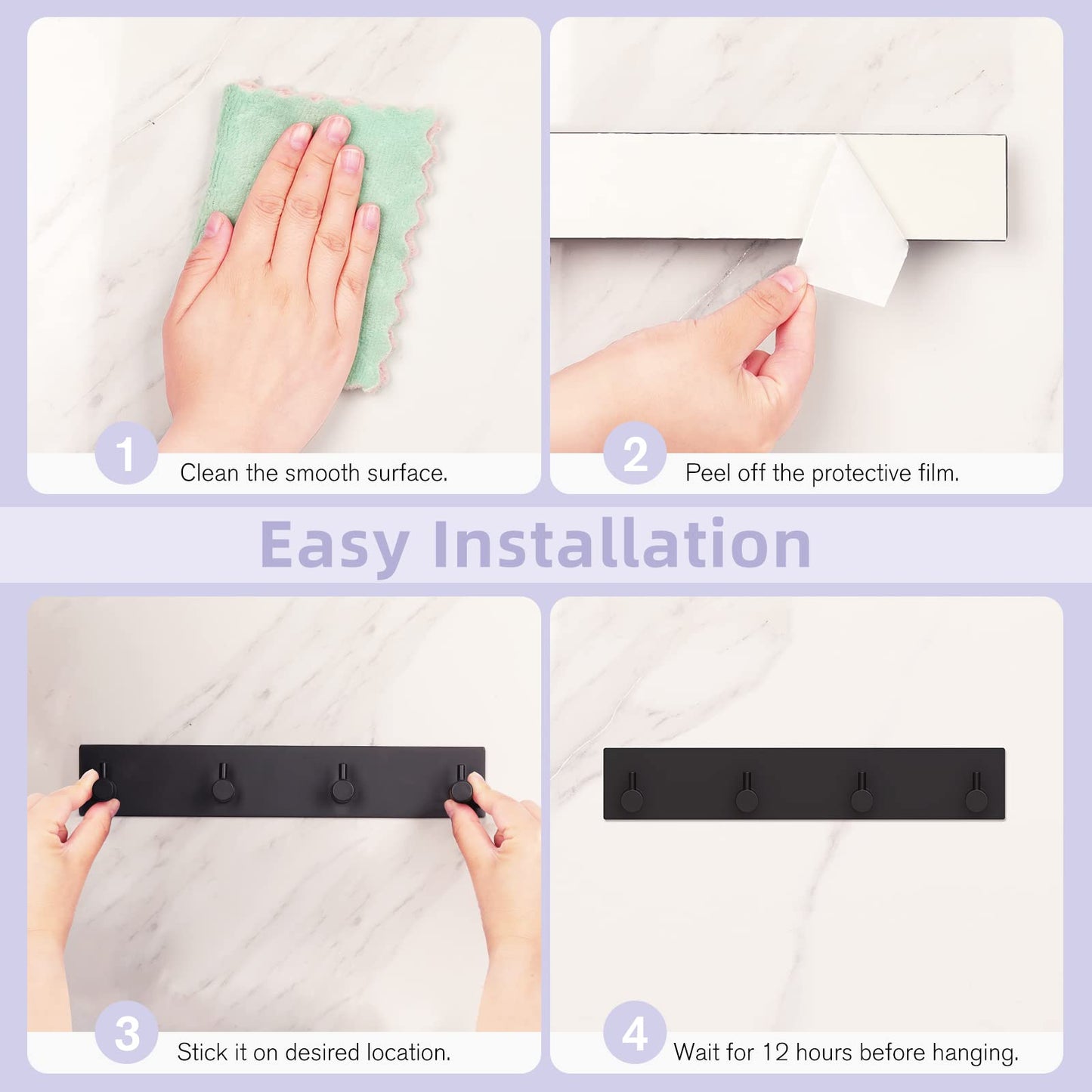 VIS'V Key Holder Wall Mount, Large Metal Self Adhesive Key Hanger with 4 Hooks, No Drilling, Extra Adhesive Strip, Black