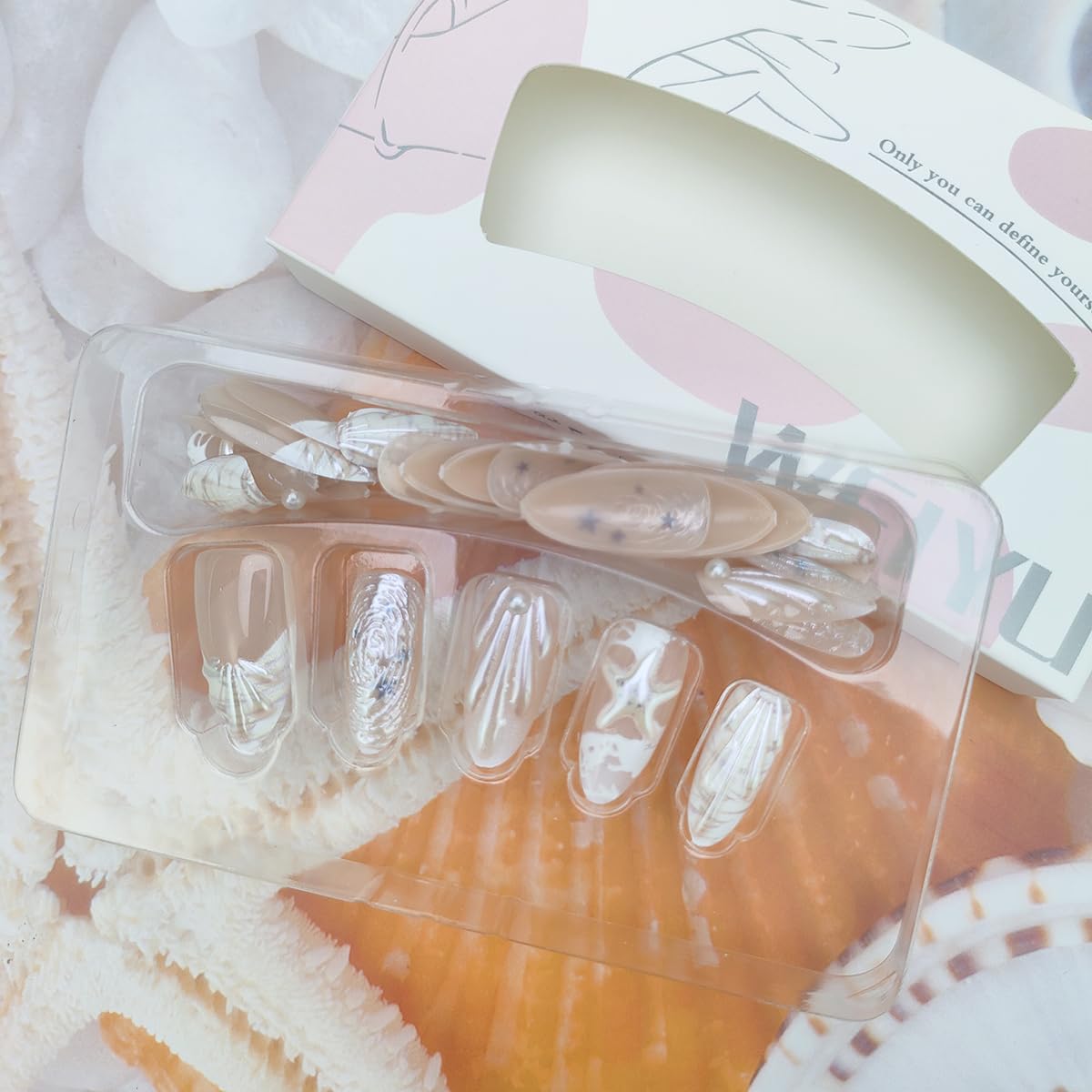 30Pcs Summer Press on Nails Medium Almond Fake Nails with 3D Starfish Water Ripple Designs Ocean Shell French Tip False Nails White Sea Wave Acrylic Nails Beach Vacation Stick on Nails for Women Girls