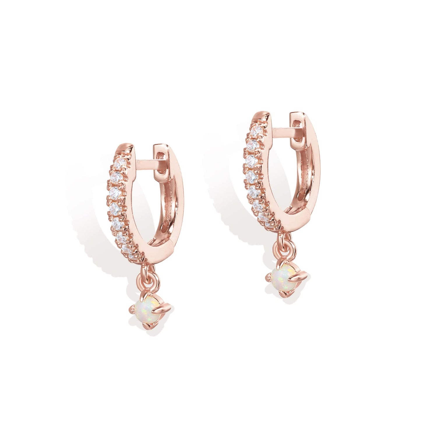 PAVOI 14K Rose Gold Plated 925 Sterling Silver Post Trendy Opal Stone Dangle Huggie Earrings for Women - Small Gold Hinged Gemstone Huggie Hoop Earrings