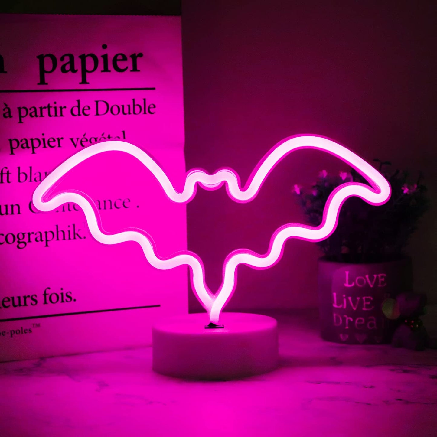 Vicila LED Neon Bat Lights Halloween Decorations, Bat Shape Neon Signs Night Lights Battery Operated Desk Table Lamp for Bedroom, Bar, Wall, Spooky Decor-Bat with Holder Base(Pink)