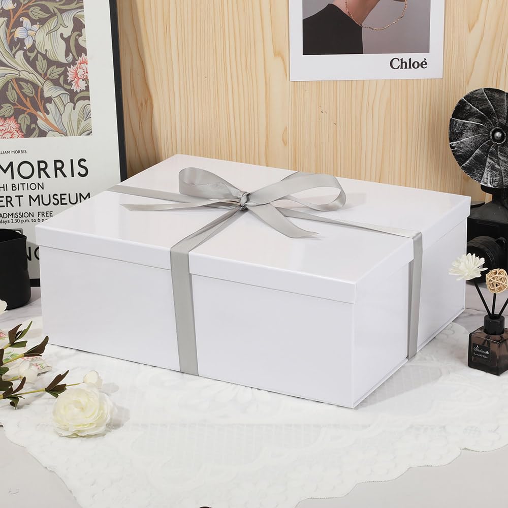 Extra Large Gift Box with Lid 17x13x6 Inches, White Gift Boxes for presents Packaging for Birthdays, Valentine's Day, Christmas, Anniversaries (Include Shredded Paper Fill, Envelope Card Ribbon)