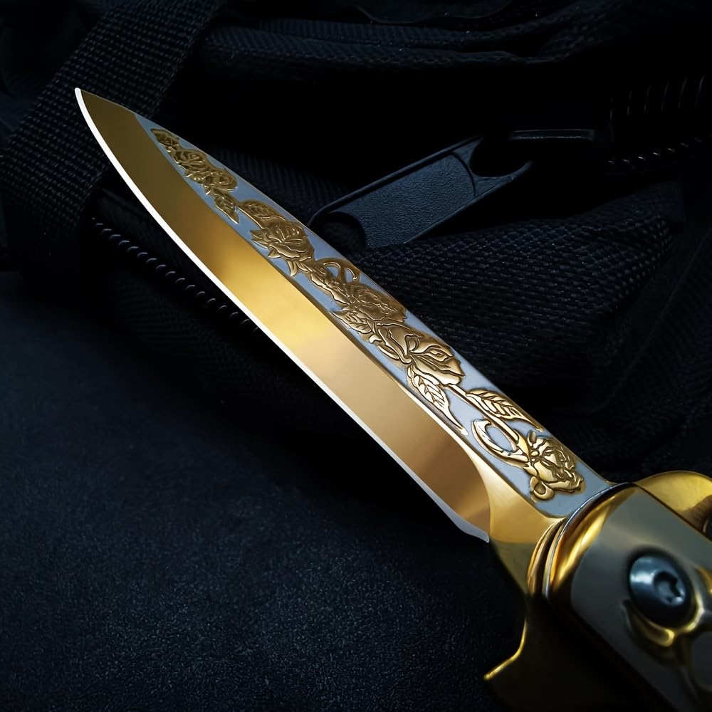 SAIYM Rose Relief Pocket Knife, Elegant EDC Folding Tactical Knife Blade 3.8in for Outdoor Survival Camping Hiking Gift for Adults Men Women, Golden