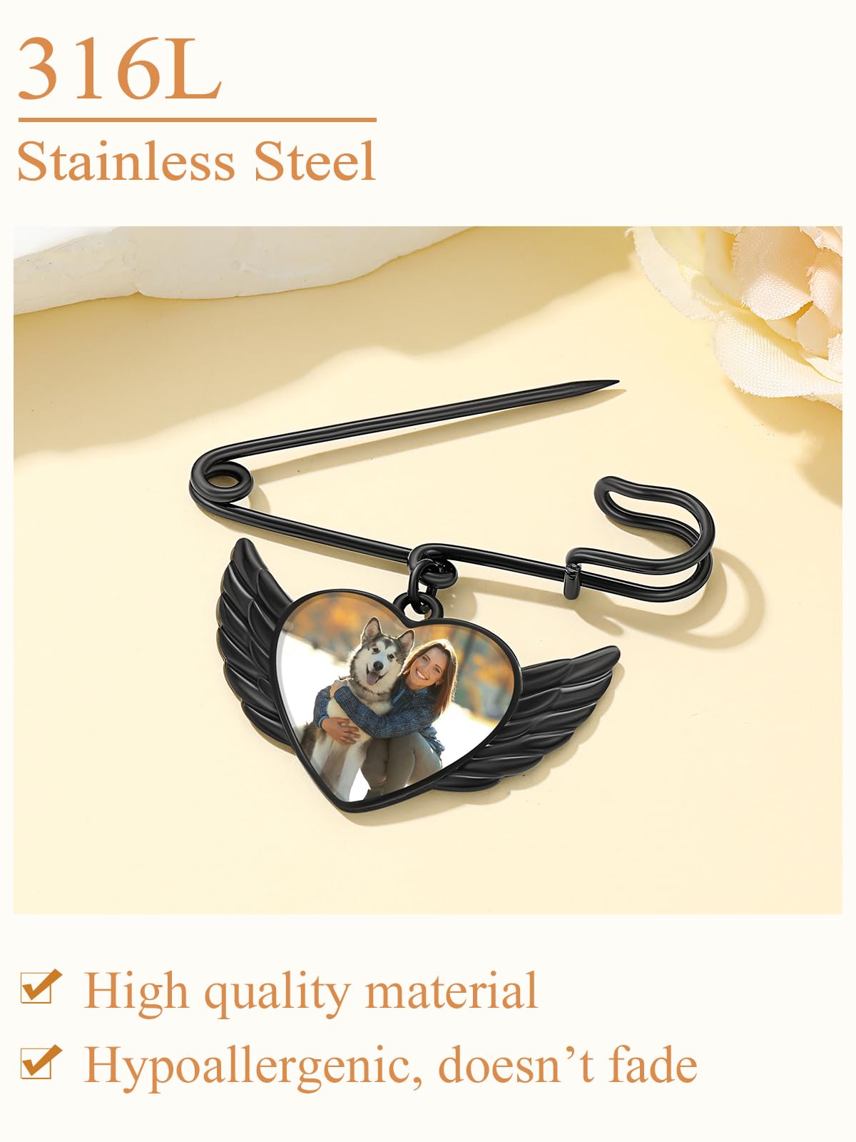 Custom4U Memorial Picture Brooch Pins Wedding Bouquets Charm for Bridal with Silver Angel Wings