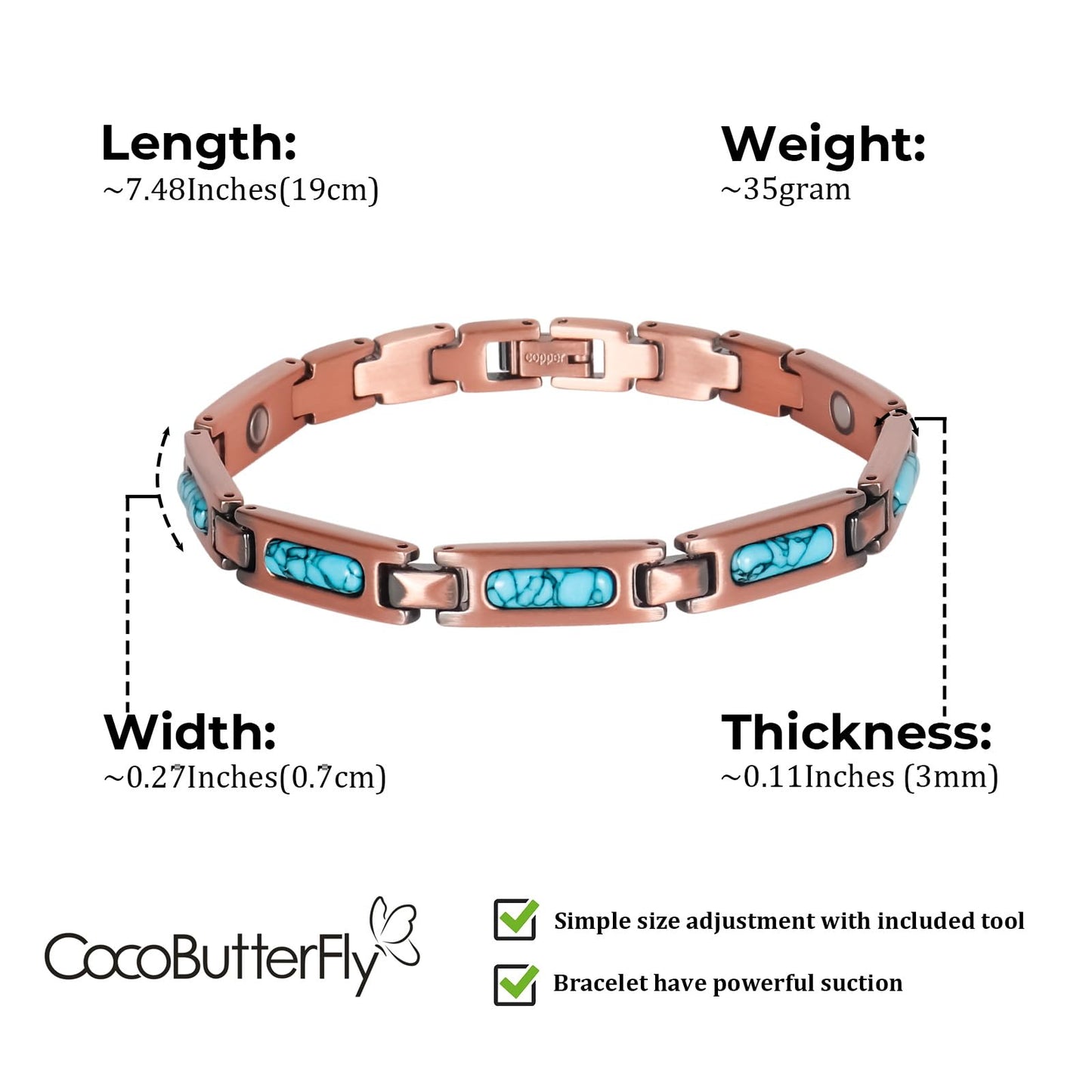 CocoButterFly - 3000 Gauss Women's Magnetic Copper Bracelet - Turquoise Magnetic Bracelet - Adjustable Length with Adjustment Tool (Colorful Stone)