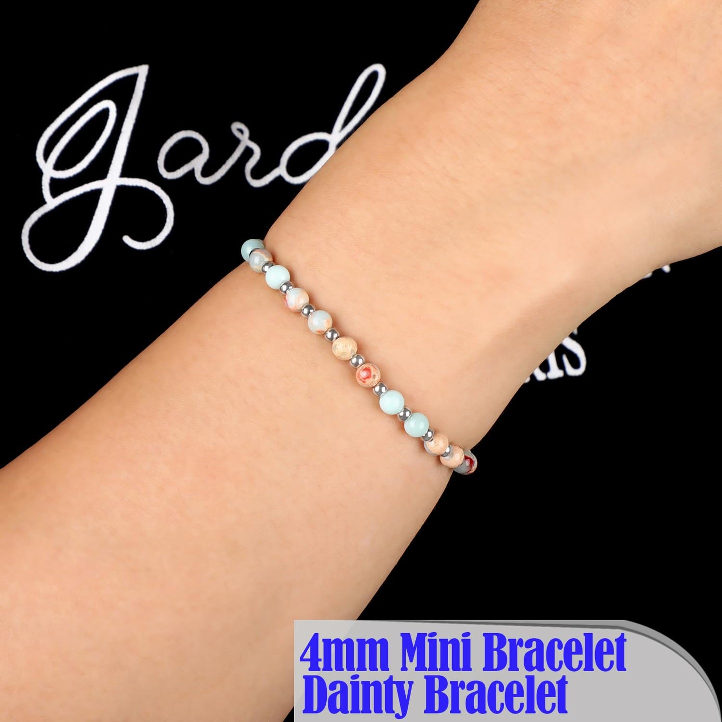 QOGIR Imperial Jasper - Stone of Success - Stainless Silver Beads Natural Gemstone Stretch Elastic Dainty Healing Beaded Bracelets Gifts 4mm