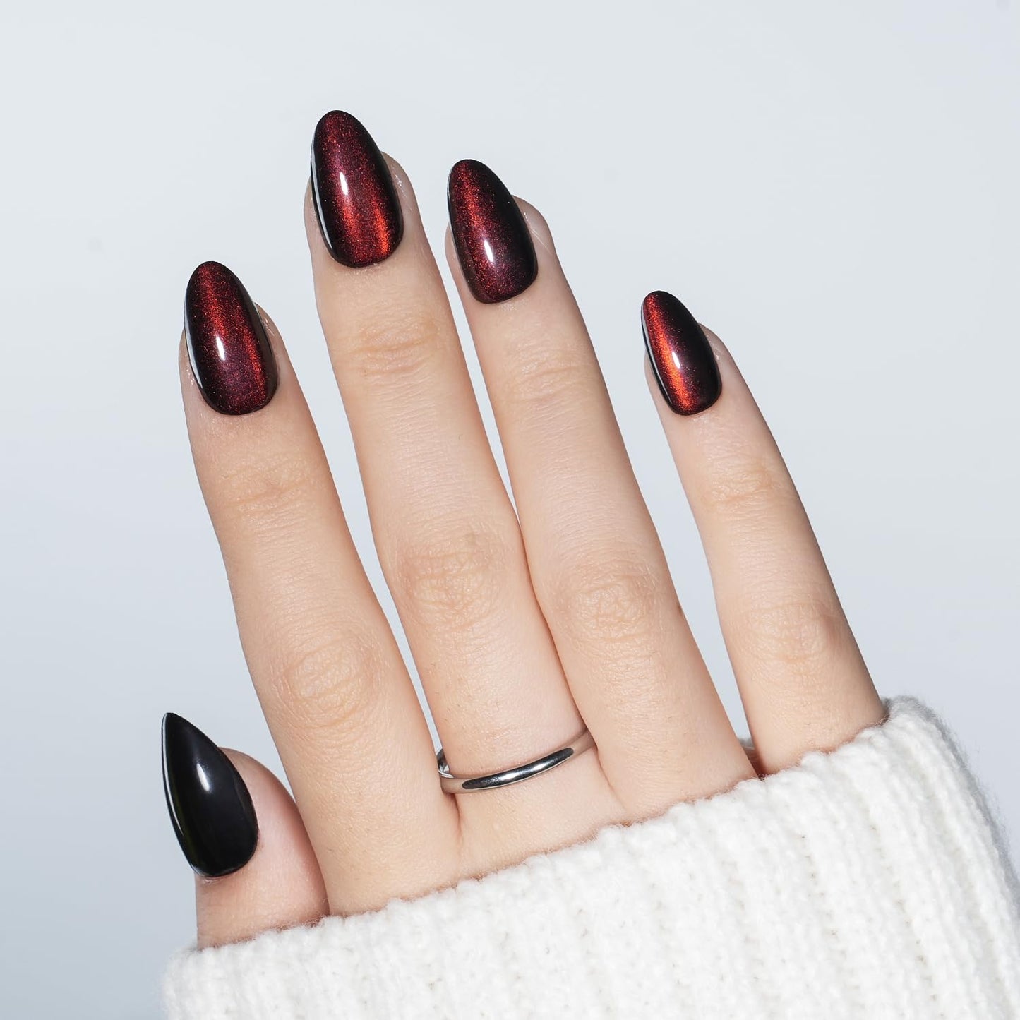 Leefrei Red Cat Eye Press on Nails - Short Almond Burgundy Cat Eye Nails, Soft Gel Fake Reusable Red Nails Press ons for Women, 32 pcs in 16 Sizes False Nails Kit with Glue, Cherry Mirage