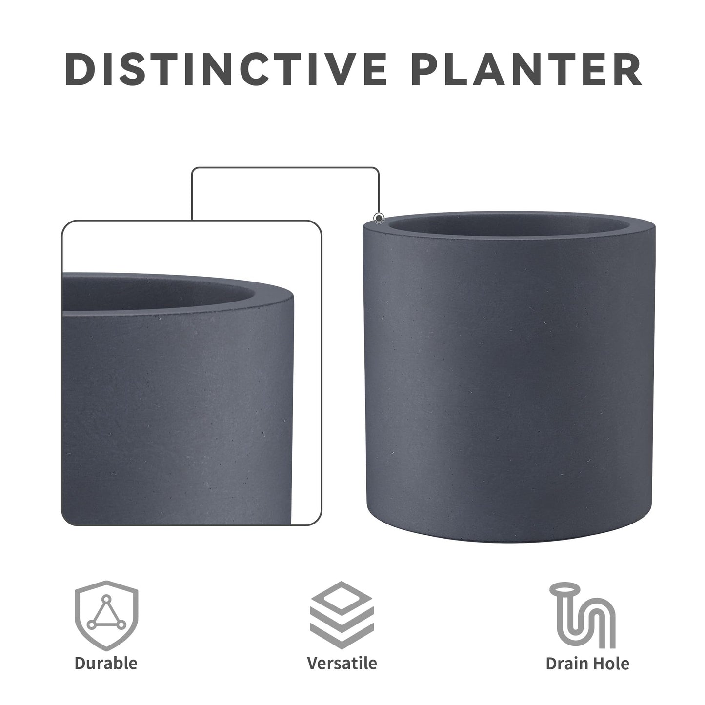 Kante 12.6" Dia Round Concrete Planter, Modern Style Large Cylindrical Plant Pot with Drainage Hole and Rubber Plug for Indoor Outdoor Patio, Dark Gray