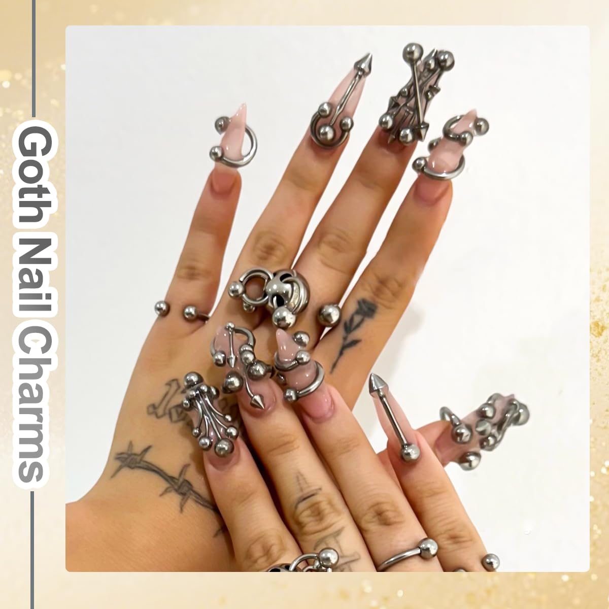 3 Box 12 Grids Goth Nail Art Studs, 3D Gold & Silver Alloy Gothic Punk Nail Charms Y2K Rivet Studs Beads Metal Rings Piercing Manicure Supplies for DIY Nail Art Decorations