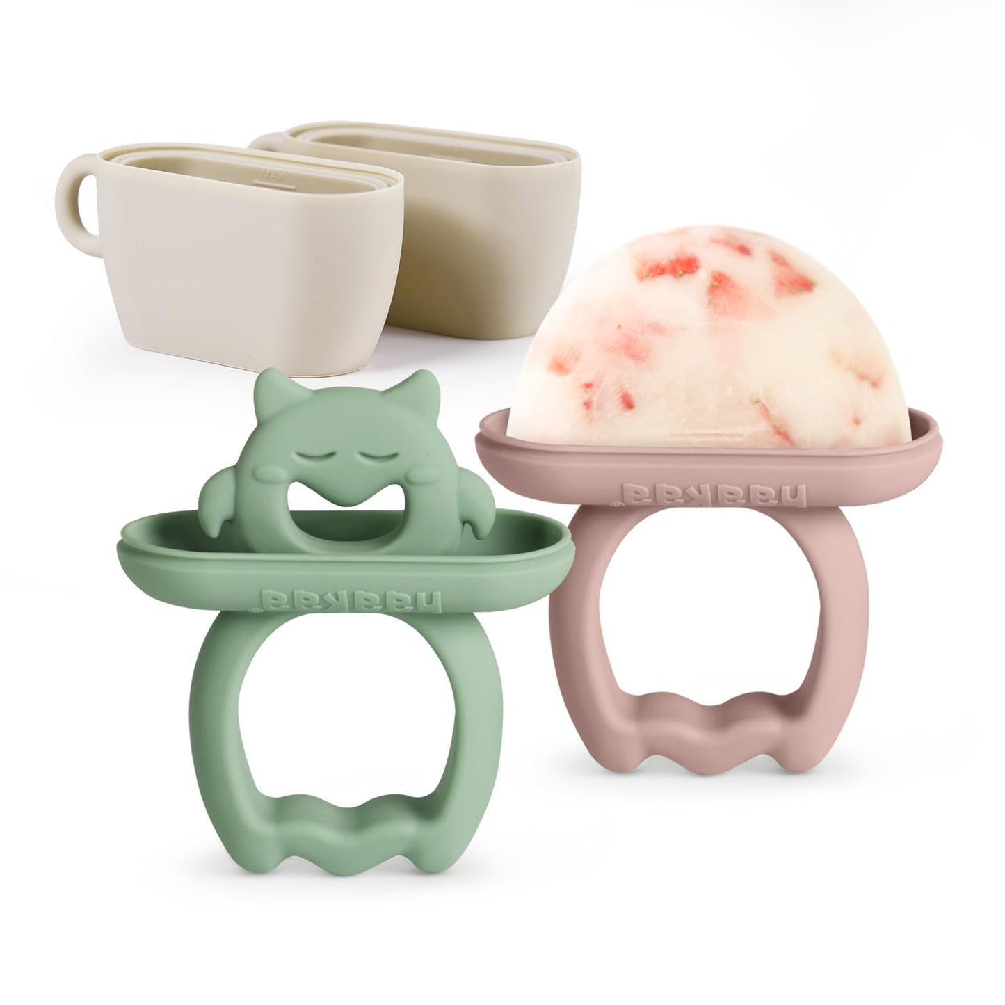 Haakaa Chilly Monster Breastmilk Popsicle Molds, Silicone Popsicle Molds for Baby Teething Relief, BPA Free Frozen Breast Milk Teether Popsicle Maker & Ice Pop Molds for Infant 6m+ (Blush + Pea Green）