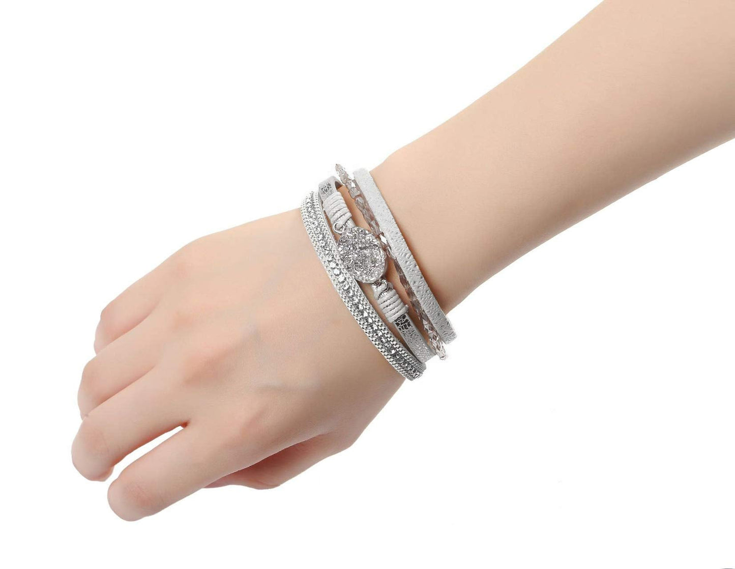 Fesciory Leopard Bracelet for Women, Boho Leather Wrap Multi-Layer Pearl Crystal Bracelet Bangle Jewelry(Short Stone)