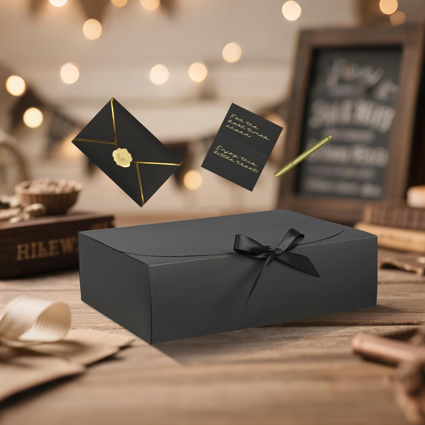 WLUSEAXI 10 Pack Black Gift Boxes with Lid, Bridesmaid Proposal Box with Cards and Envelopes Metal Pen Sticker for Groomsmen Proposal,Birthday,Wedding, Mother's Day 10.6×8×3.1 Inch