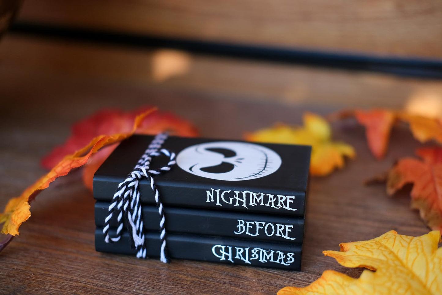 RUKEJUNE Mini Black Halloween Tiered Tray Decor Wood Decorative Book Stack, Rustic Farmhouse Faux Books Bundle for Home Table Mantle Shelf Decoration Nightmare Before Christmas Sign