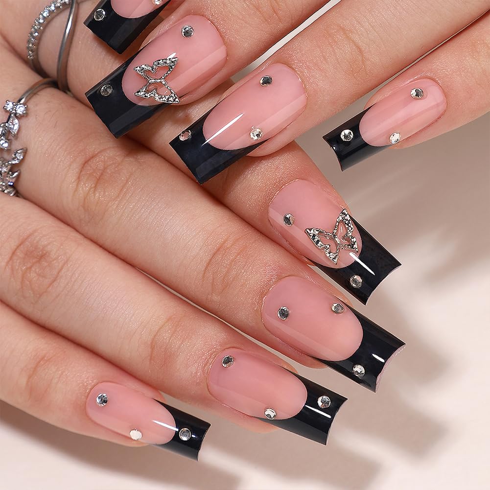 WAFOLOZE Black French Tip Press On Nails - Long Square Fake Nails With Glue, 16 Sizes - 32Pcs False Tips Kit, Stick On Artificial Nails for Women