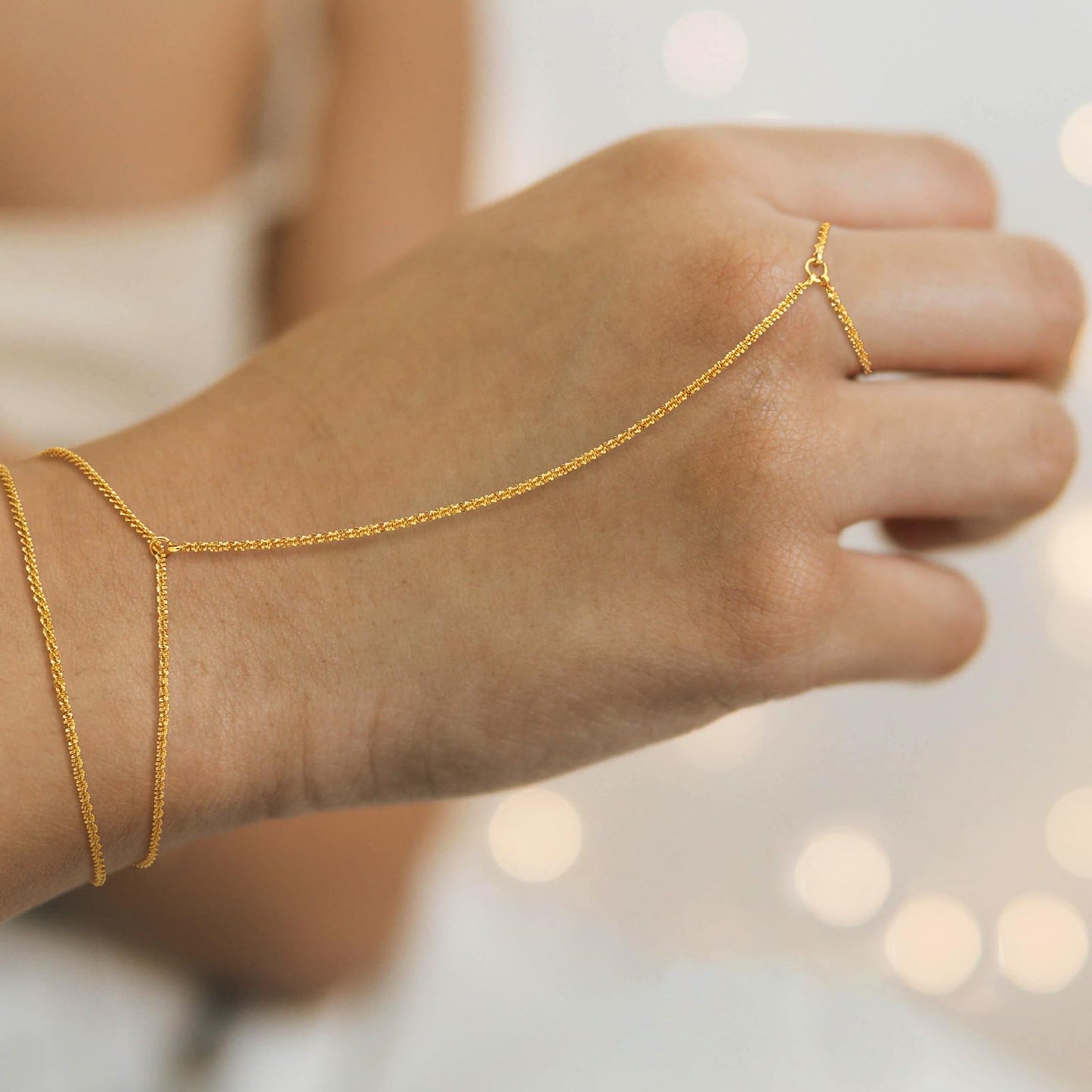 14K Gold Plated Hand Chain Ring Bracelet Stack Non Tarnish Dainty Finger Ring Bracelet Accessories for Women Trendy Jewelry 2025