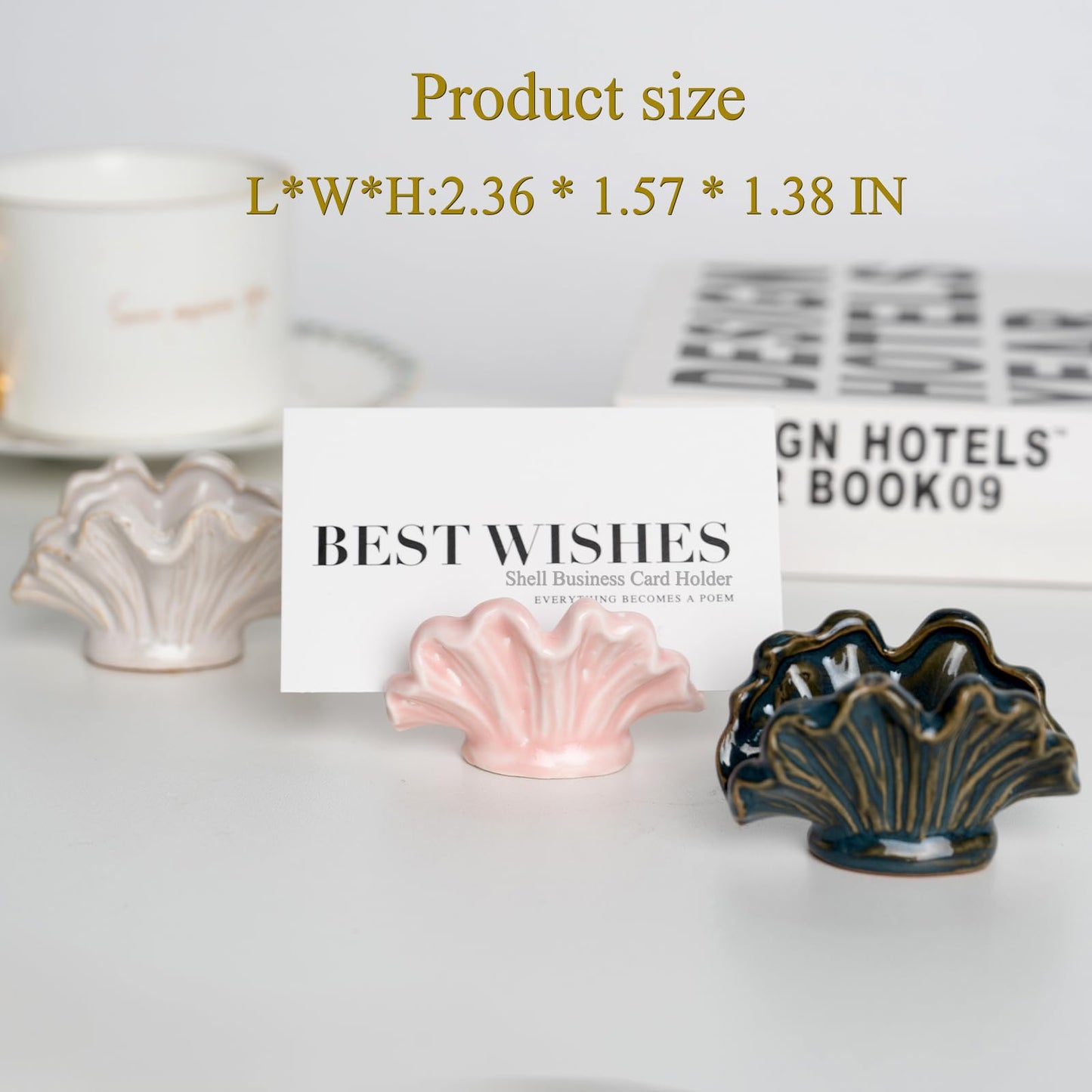 wowhalolo Ceramic Shell Business Card Holder Set of 3 - Pink, White, Blue - Boho Vertical Desk Organizer and Business Card Display for Office,Wedding,Home Decor- Cute Desk Accessories and Unique Gift