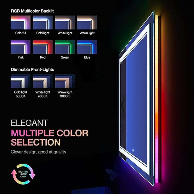 72x32 Inch Bathroom LED Vanity Mirror with RGB Lights Color Changing Backlit Bathroom Mirror Dimmable Anti-Fog led Mirror for Bathroom (RGB Multicolor Backlit+Adjustable Front-Lighted)