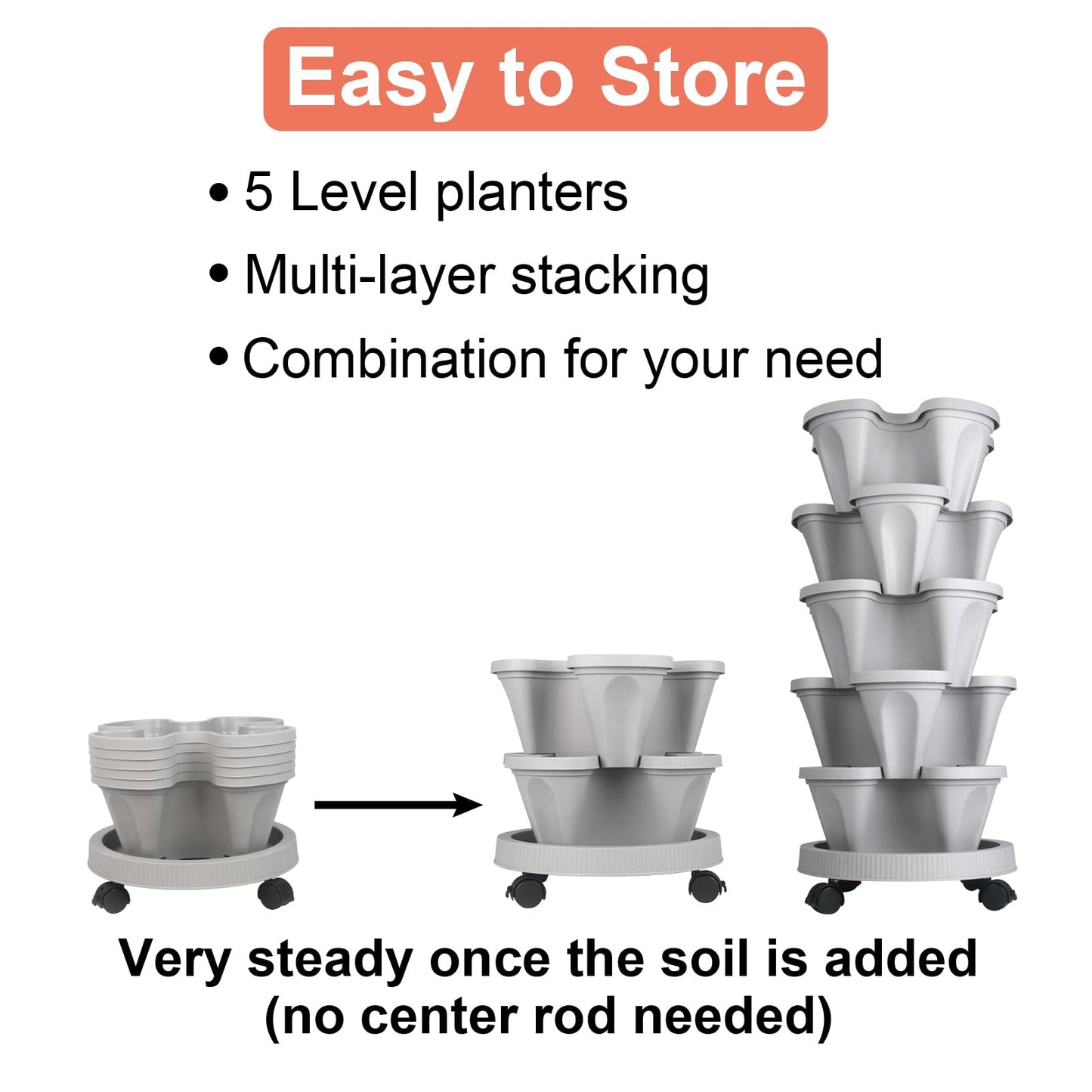 GameXcel Vertical Planter Tower - 5 Tier Stackable Garden Planters with Wheels and Tools Plant Pots for Strawberry Herb Flower and Vegetable Indoor Outdoor Use Gray